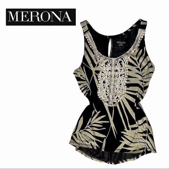 Target Tops - Merona Tropical Black and Cream Tank Top With Lace